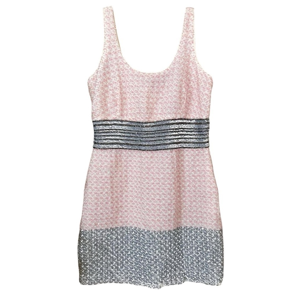 New Belle Badgley Mischka $269 Sequined Beaded Dress Pink Silver Ivory Size 10